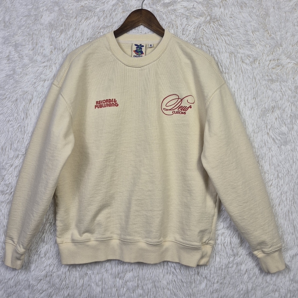 Deus Ex Machina Customs Records Cream Caution Crew‎ Sweatshirt Sz S Oversized